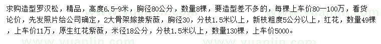 求购造型罗汉松、嫁接紫薇、原生红花紫薇