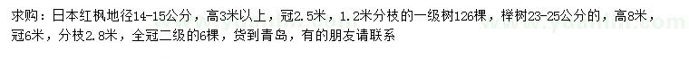 求购地径14-15公分日本红枫、23-25公分榉树