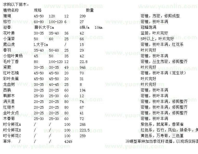 求购珊瑚树、棕竹、迎春等