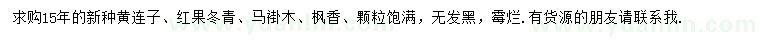 求购黄连子、红果冬青、马褂木等