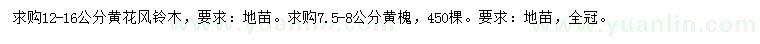 求购12-16公分黄花风铃木、7.5-8公分黄槐