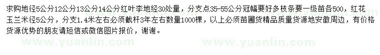 求购地径30公分处量5-14公分红叶李、米径5公分红花玉兰