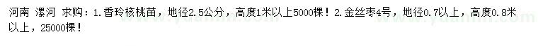 求购地径2.5公分香玲核桃苗、地径0.7公分以上金丝枣