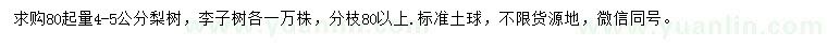 求购80公分起量4-5公分梨树、李子树