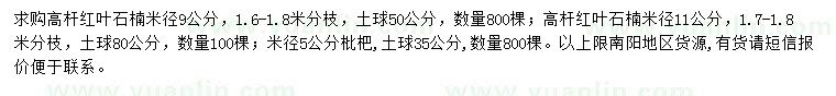 求购米径9、11公分高杆红叶石楠、米径5公分枇杷