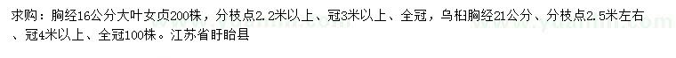 求购胸径16公分大叶女贞、胸径21公分乌桕