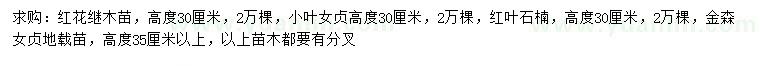 求购红花继木、小叶女贞、红叶石楠等