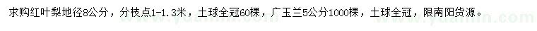 求购地径8公分红叶梨、5公分广玉兰