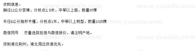 求购胸径12公分苦楝、米径6公分独杆木槿