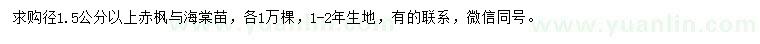 求购地径1.5公分以上赤枫、海棠苗