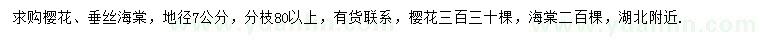 求购地径7公分樱花、垂丝海棠