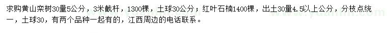 求购30量5公分黄山栾树、出土30量4.5以上公分红叶石楠