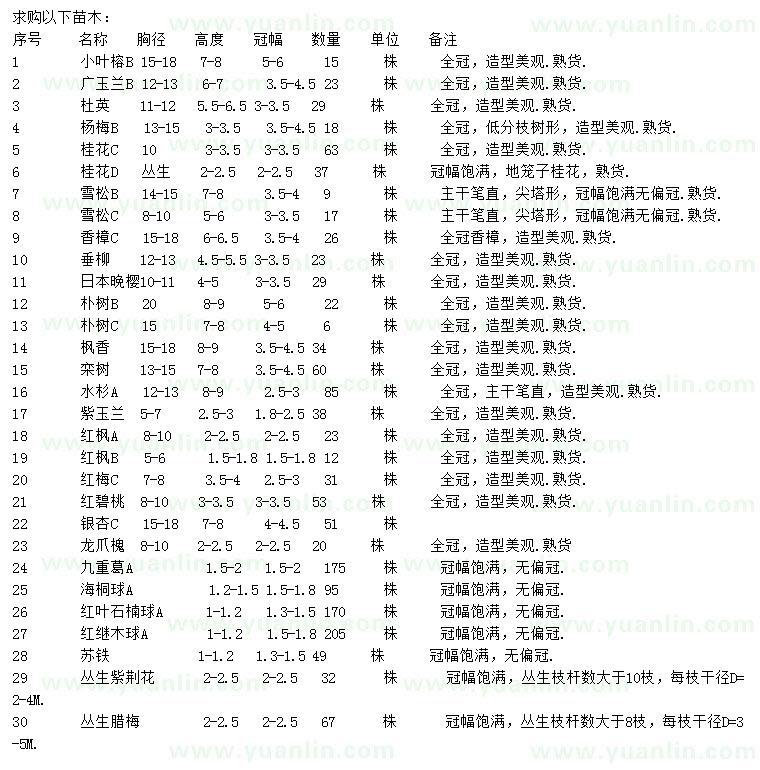 求购小叶榕、广玉兰、杜英等