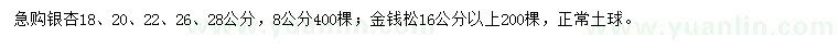 求购8、18、20、22、26、28公分银杏、16公分以上金钱松