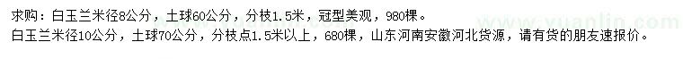 求购米径8、10公分白玉兰