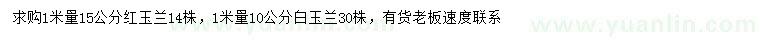 求购1米量15公分红玉兰、10公分白玉兰