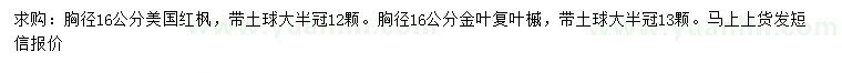 求购胸径16公分美国红枫、胸径16公分金叶复叶槭