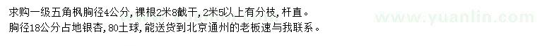 求购胸径4公分五角枫、胸径18公分银杏