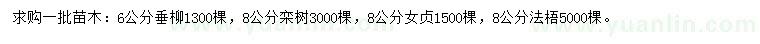 求购垂柳、栾树、女贞等