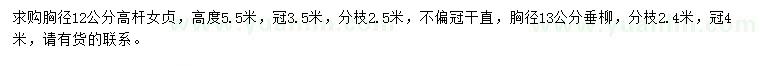 求购胸径12公分高杆女贞、胸径13公分垂柳