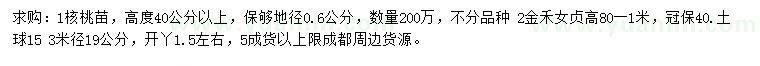 求购地径0.6公分核桃苗、米径19公分金禾女贞