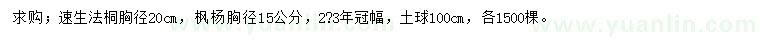 求购胸径20公分速生法桐、15公分枫杨