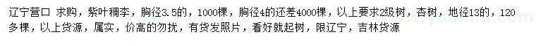 求购胸径3.5、4公分紫叶稠李、地径13公分杏树