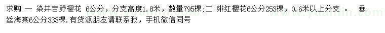 求购染井吉野樱花、绯红樱花、垂丝海棠