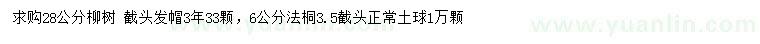 求购28公分柳树、6公分法桐