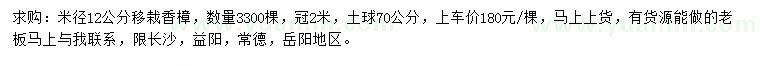 求购米径12公分移栽香樟