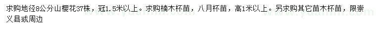 求购地径8公分山樱花、高1米以上楠木等