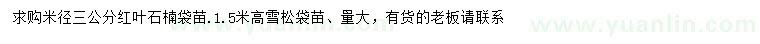 求购米径3公分红叶石楠袋苗、高1.5米雪松袋苗