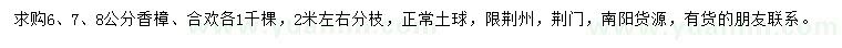 求购6、7、8公分香樟、合欢