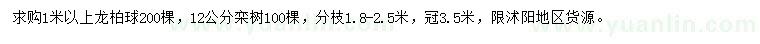 求购1米以上龙柏球、12公分栾树