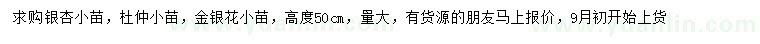 求购银杏小苗、杜仲小苗、金银花小苗