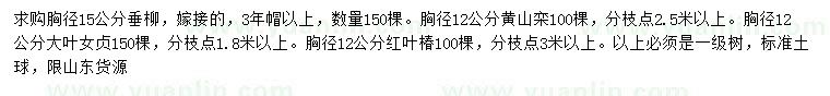 求购垂柳、黄山栾树、大叶女贞等