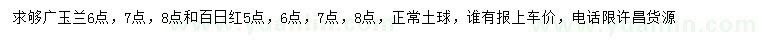 求购6、7、8公分广玉兰、5、6、7、8公分百日红