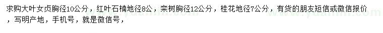 求购大叶女贞、红叶石楠、栾树等