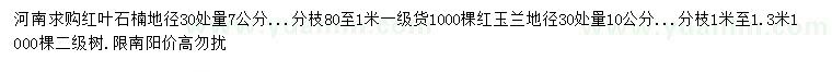 求购地径30处量7公分红叶石楠、10公分红玉兰