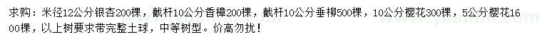 求购银杏、香樟、垂柳等