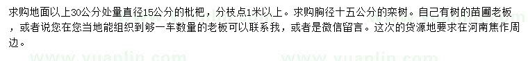 求购30公分量地径15公分枇杷、胸径15公分栾树