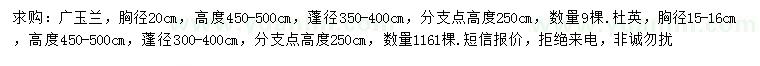 求购胸径20公分广玉兰、胸径15-16公分杜英