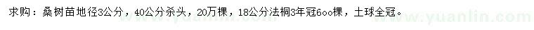 求购地径3公分桑树苗、18公分法桐