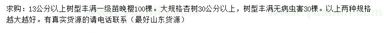 求购13公分以上晚樱、30公分以上杏树