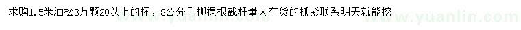 求购1.5米油松、8公分垂柳