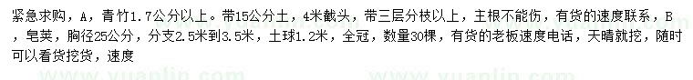 求购1.7公分以上青竹、胸径25公分皂荚