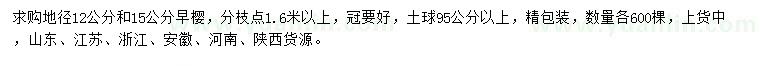 求购地径12、15公分早樱