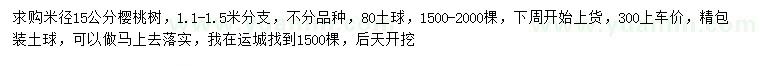 求购米径15公分樱桃树