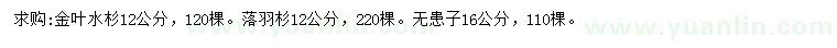 求购金叶水杉、落羽杉、无患子