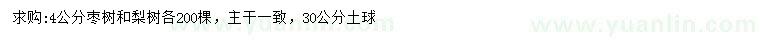 求购4公分枣树、梨树